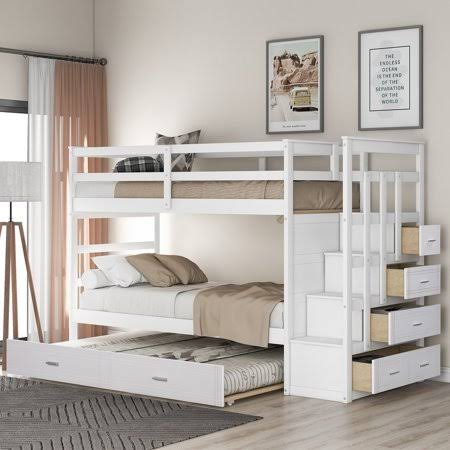 White Wood Twin Over Twin Bunk Bed with Trundle and Staircase Y938200