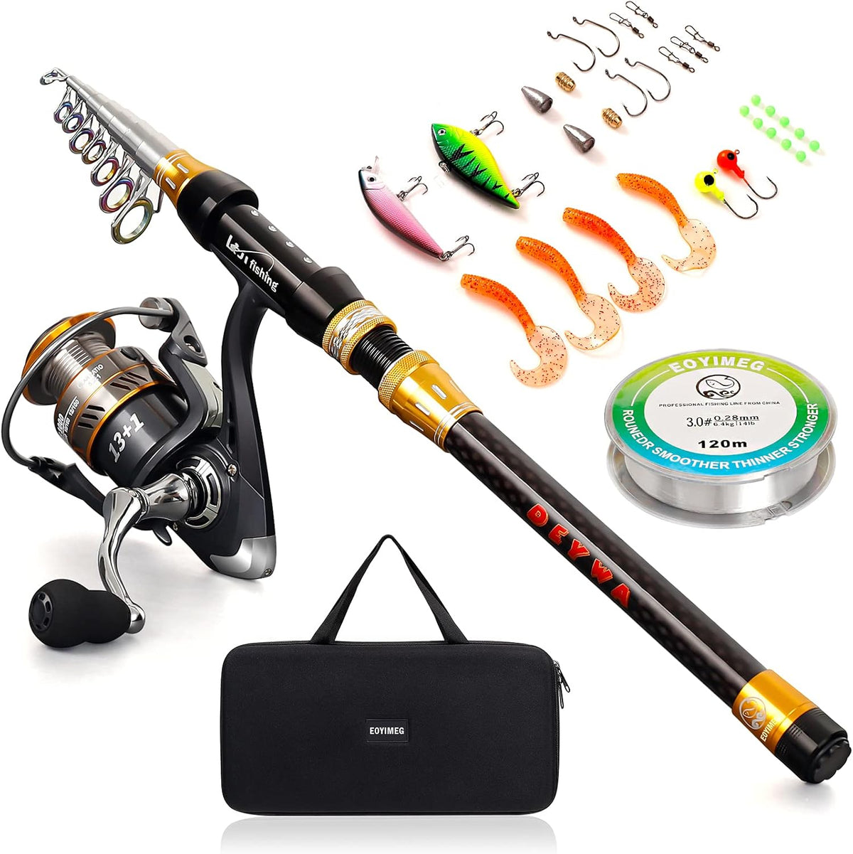 Telescopic Carbon Fiber Fishing Rod and Reel Combo, Golden Black, Pack of 2 K205331