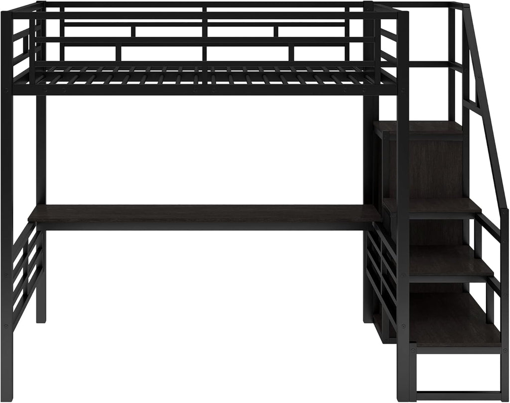 Black Full Size Metal Loft Bed with Desk and Wardrobe P483582