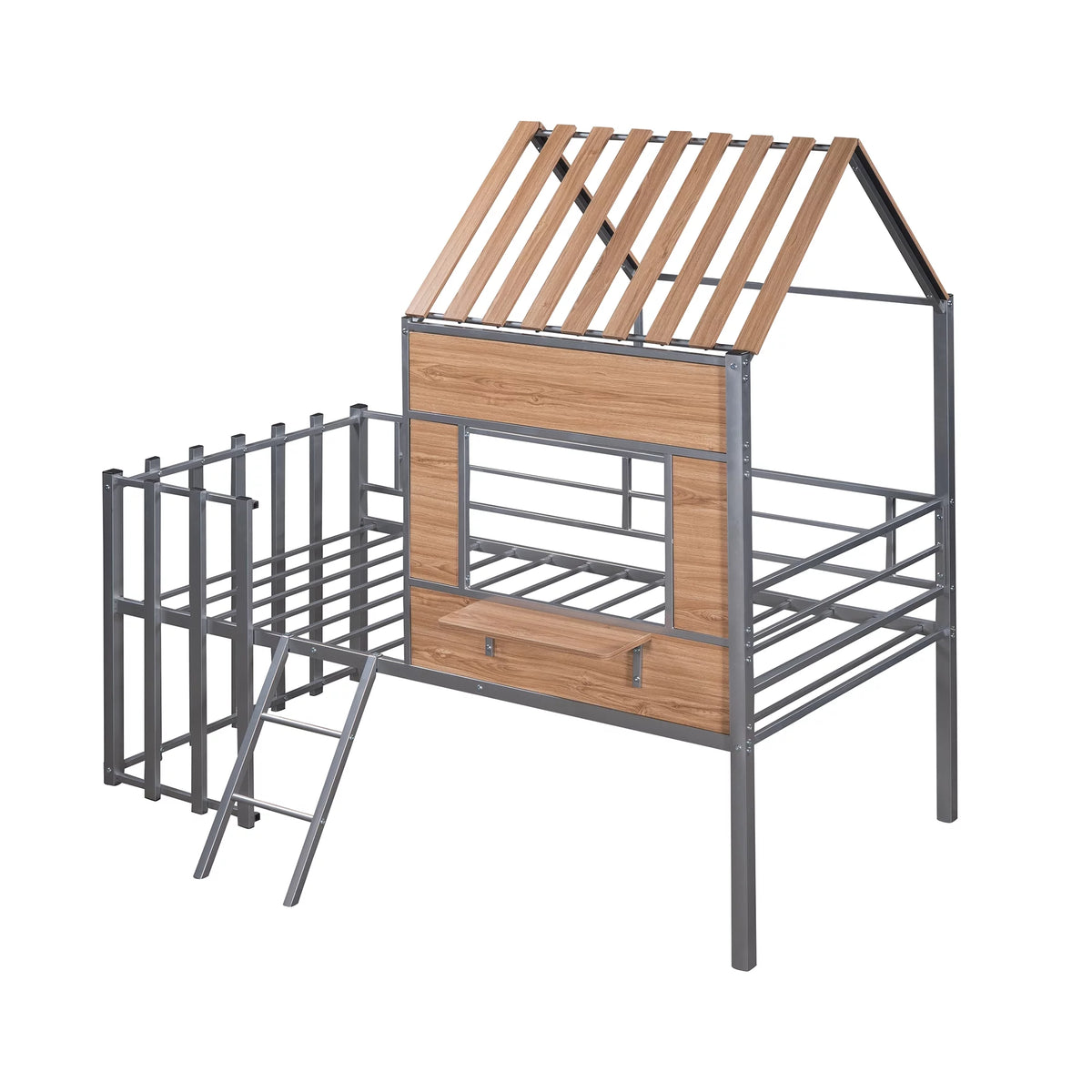 Twin Size Metal Loft Bed with Roof and Window V934