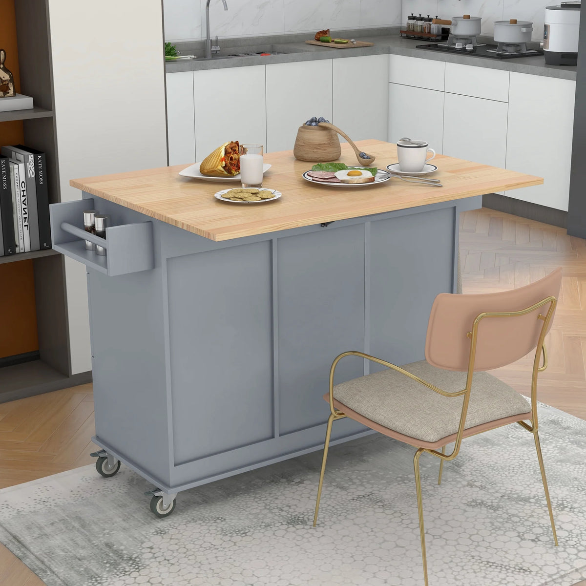 Blue Rolling Kitchen Cart with Drop Leaf Wood Top J346