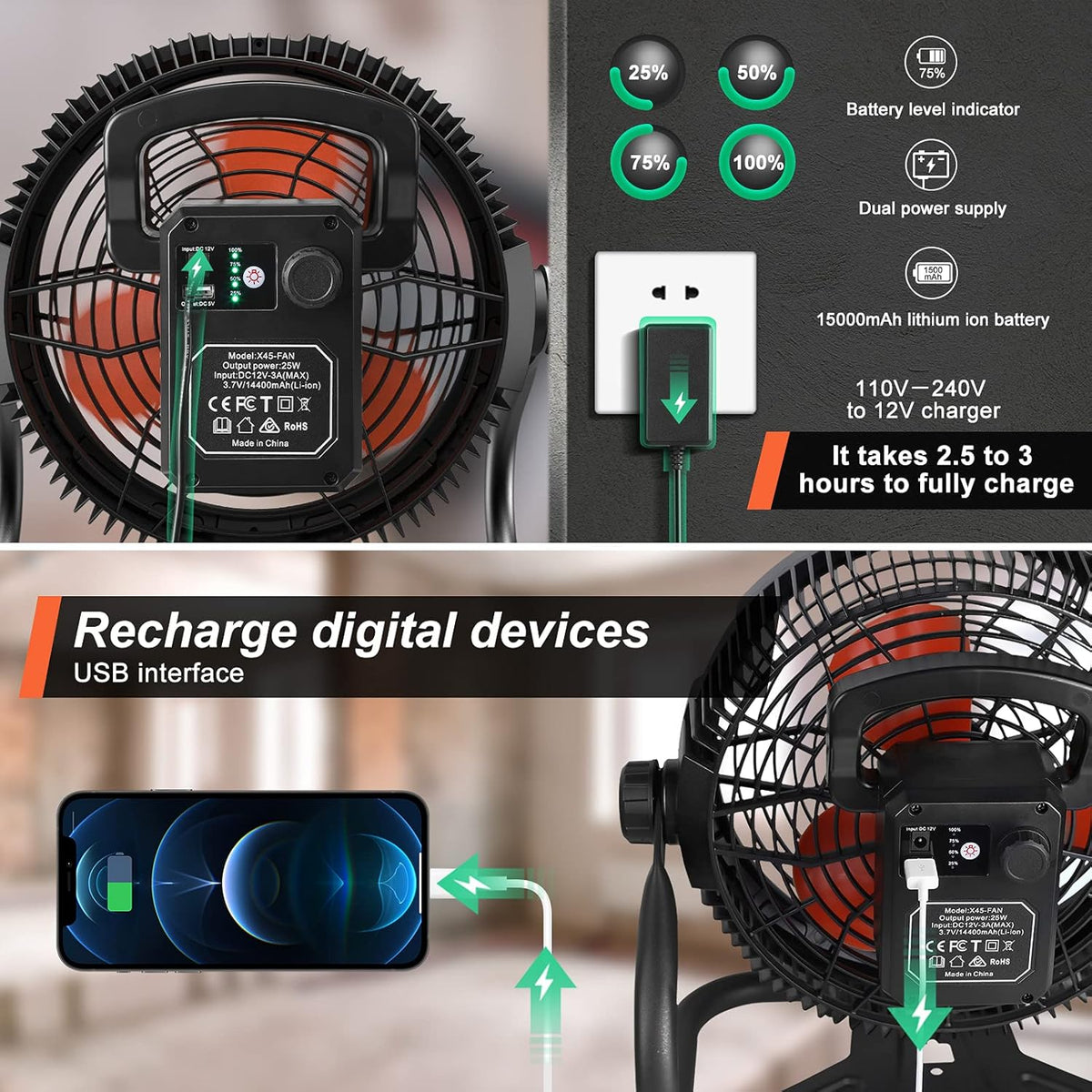 12 High Velocity Portable Battery Operated Fan with Led Light N250
