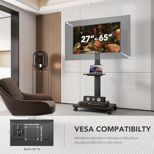 Portable Rolling Floor TV Stand with Wheels, Height Adjustable for 27 to 65 Inch TVs P58904
