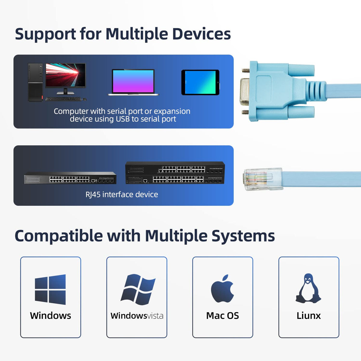RJ45 to DB9 Console Cable, 1.8m/6ft RS232 Serial Port Adapter G399