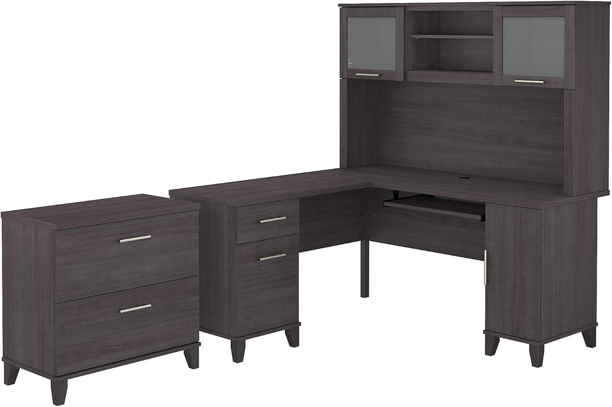 L Shaped Desk with Hutch and Lateral File Cabinet Q393457