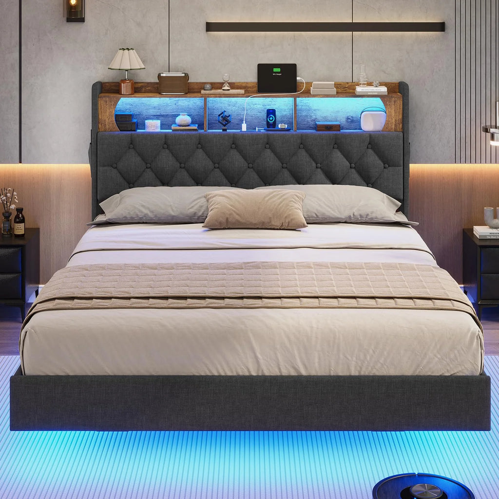 Full Size Floating Bed Frame with Charging Station and LED Lights O62319