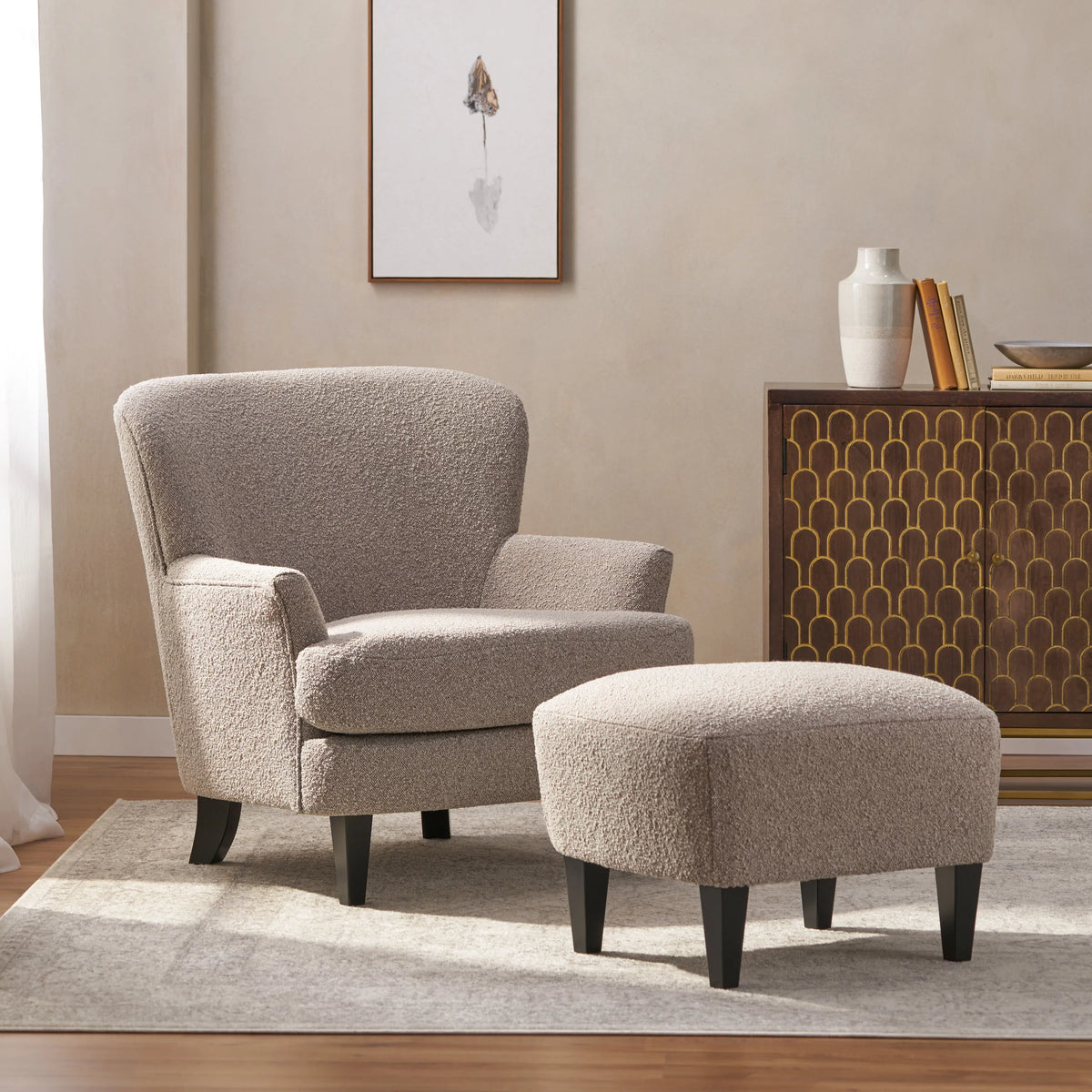 Boucle Upholstered Club Chair and Ottoman Set Y48436