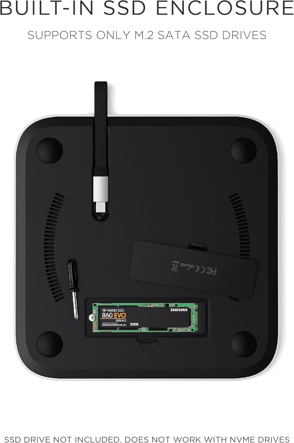 Type-C Stand & Hub with SSD Enclosure, M.2 SATA, USB-C, Micro/SD Card Readers, USB-A & Headphone Jack, Silver U683001
