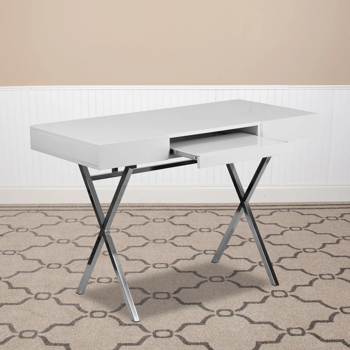 White Computer Desk with Keyboard Tray and Drawers Q94891