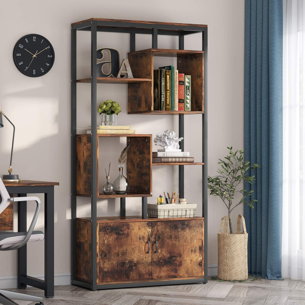 Vintage Industrial 4-Tier Bookcase with Door A3366