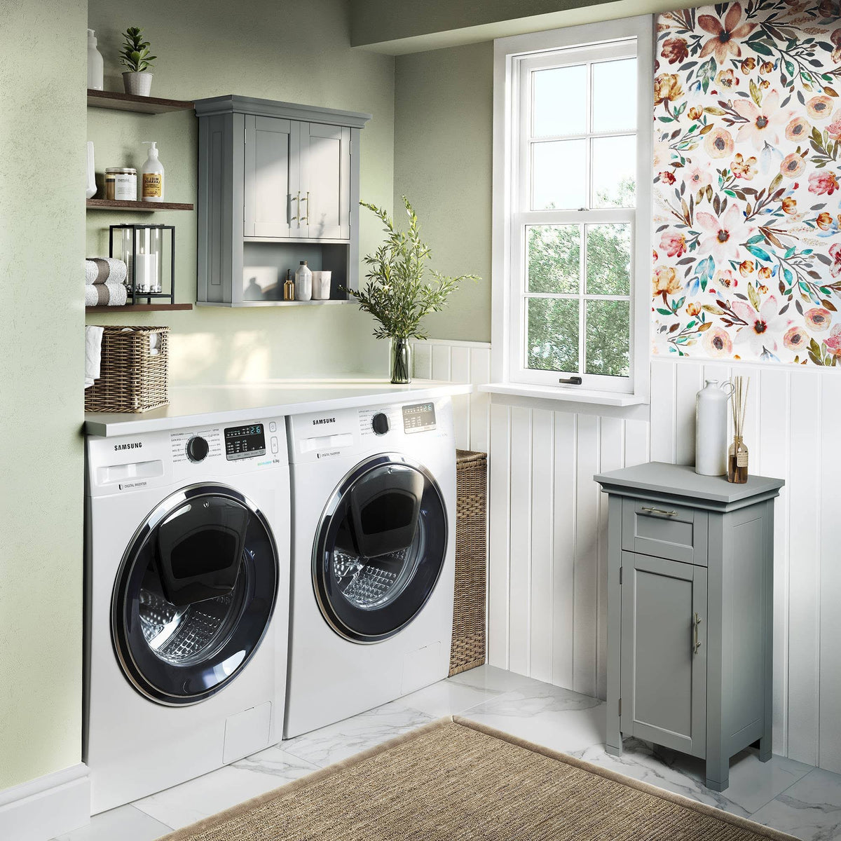 Gray Two Door Wall Cabinet with Open Shelf D473