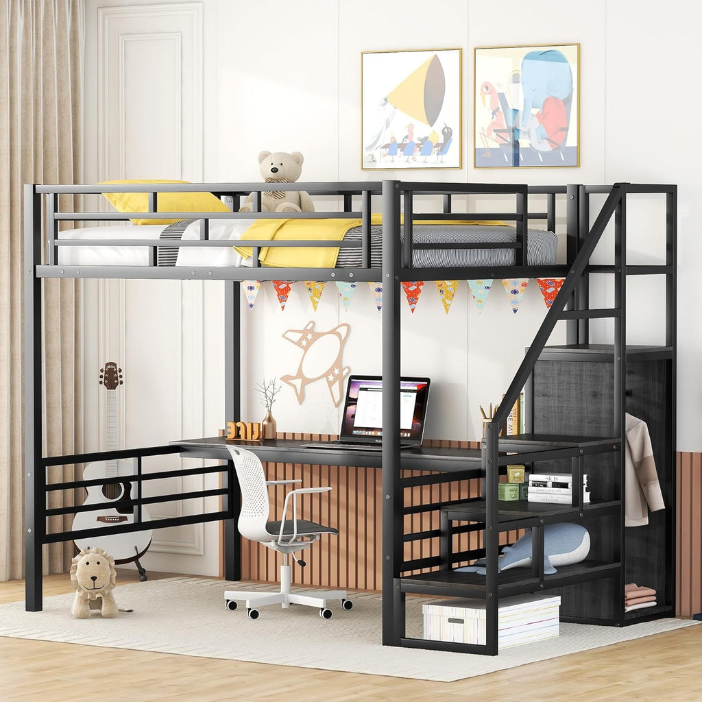 Black Full Size Metal Loft Bed with Desk and Wardrobe P483582