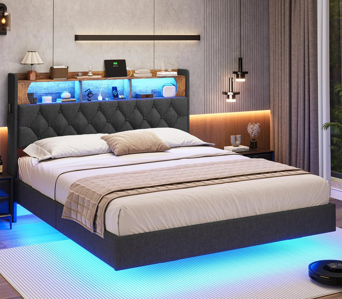 Full Size Floating Bed Frame with Charging Station and LED Lights O62319