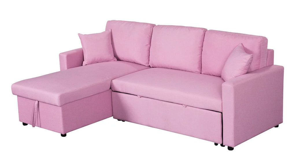 Pink Linen Reversible Sleeper Sectional Sofa with Storage L387