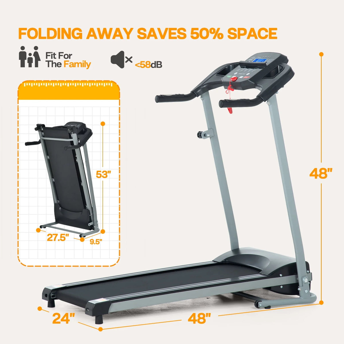 Folding Treadmill 220lbs Capacity 7.5MPH Silver F6890