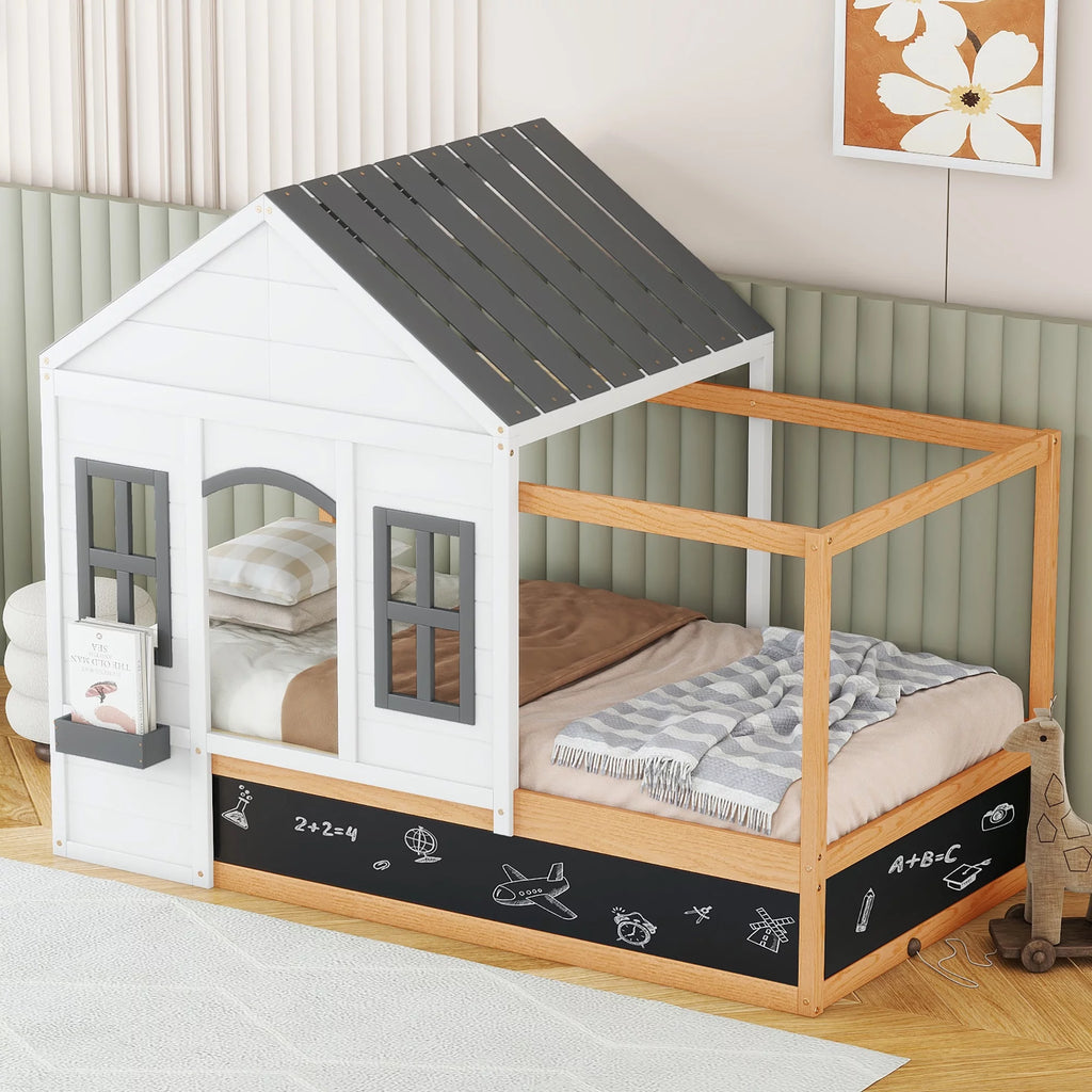 Twin Size House Shaped Canopy Bed with Black Roof and White Window M52563