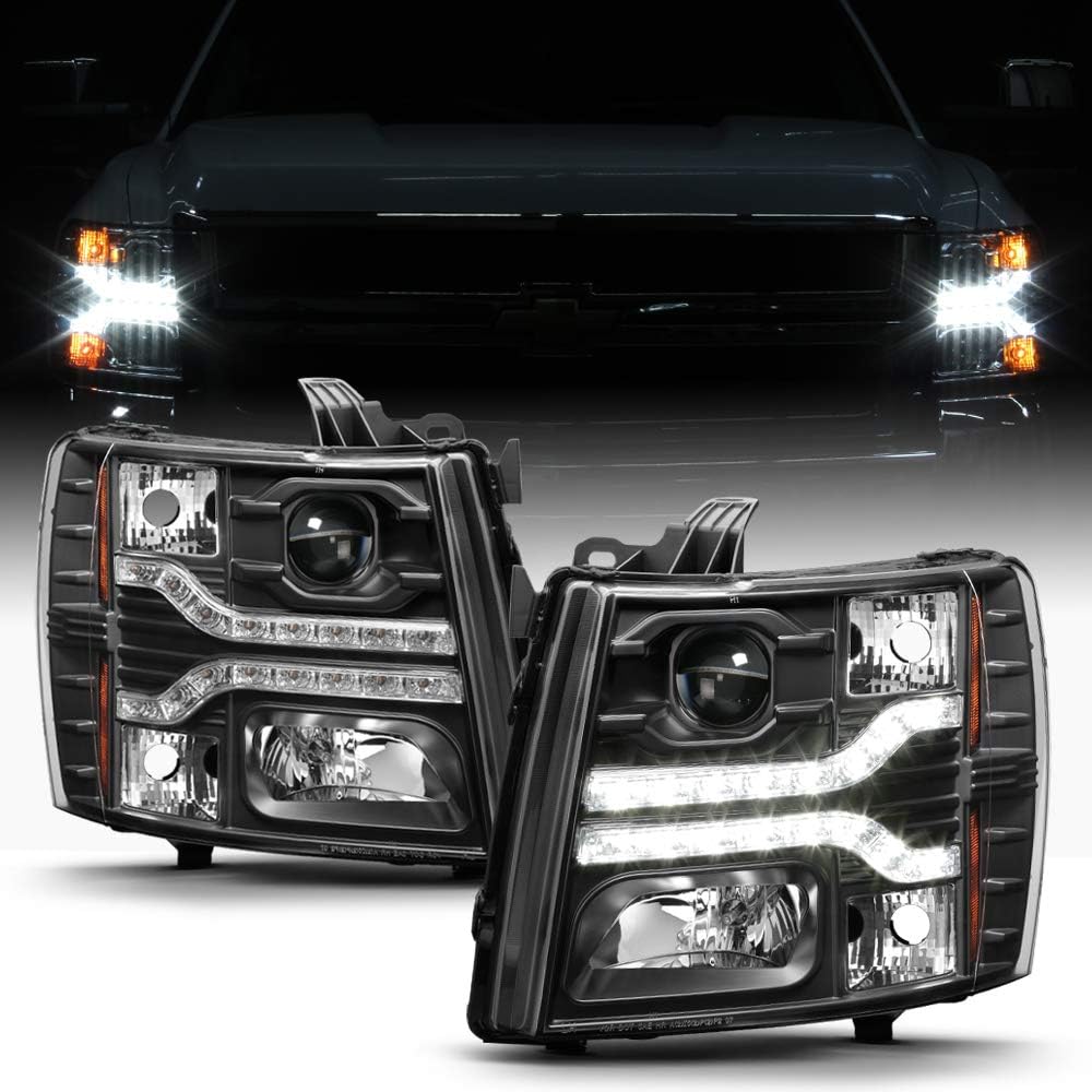 Black 2007-2013 Chevy Silverado 1500 2500 3500 LED DRL Strip Projector Headlights Driver+Passenger Side S185