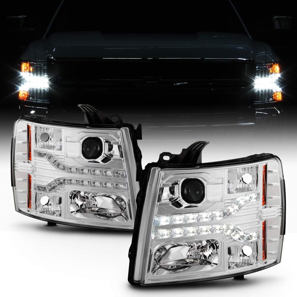 Black 2007-2013 Chevy Silverado 1500 2500 3500 LED DRL Strip Projector Headlights Driver+Passenger Side S185