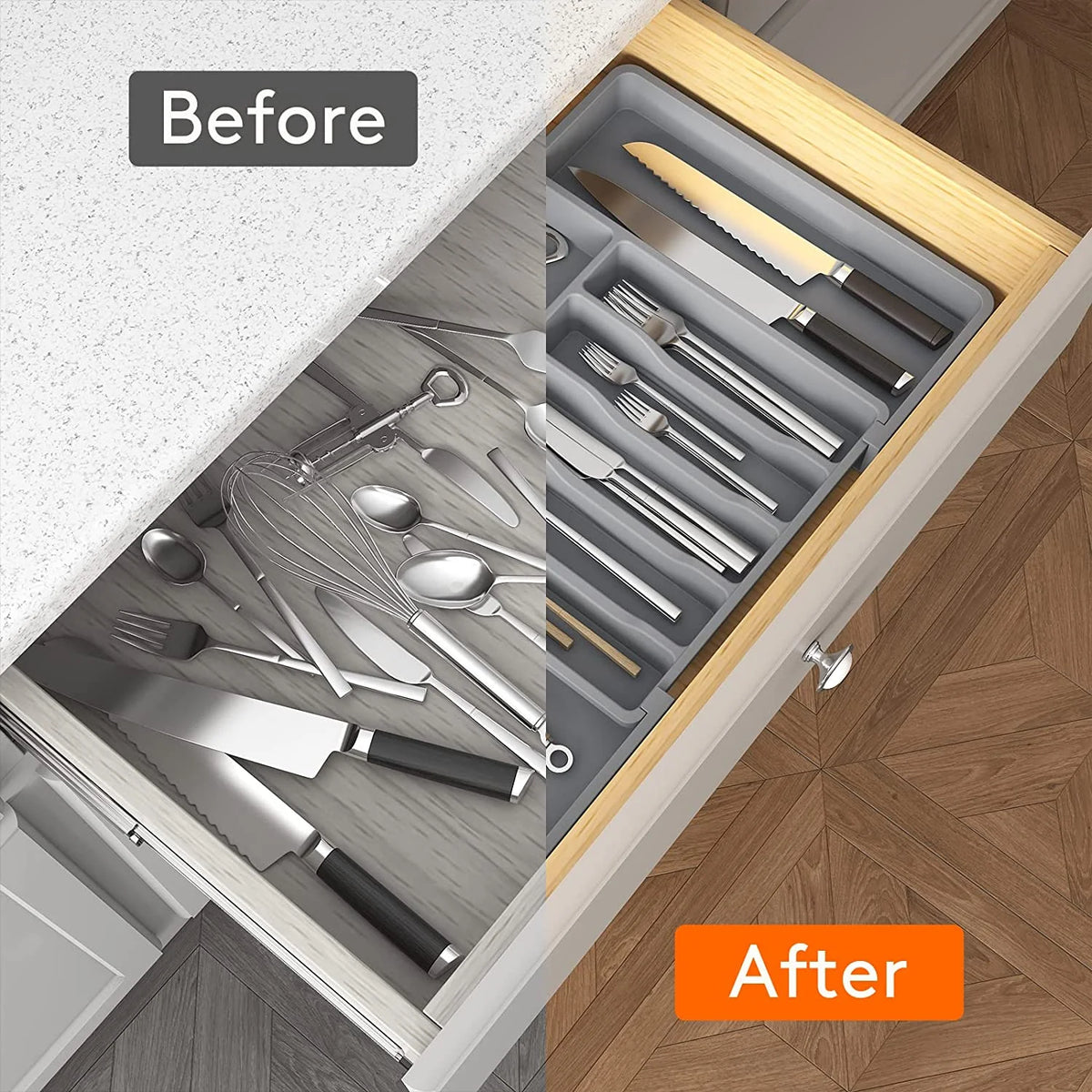 Grey Expandable Plastic Silverware Drawer Organizer G51751