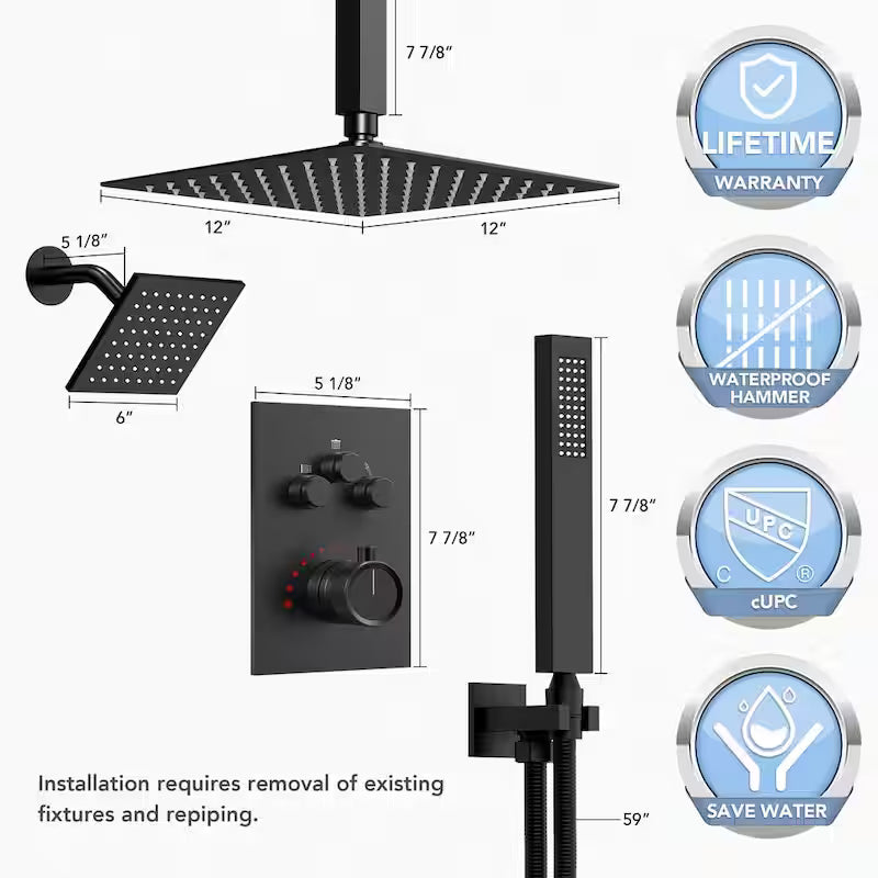 12 in. 6 in. Rainfall Wall and Ceiling Mount 2.5 GPM Fixed and Handheld Shower Head Matte Black I8030