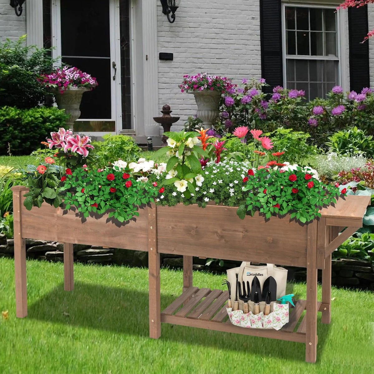 Raised Garden Bed with Legs, Lockable Wheels, Storage Shelf, Liner D5303