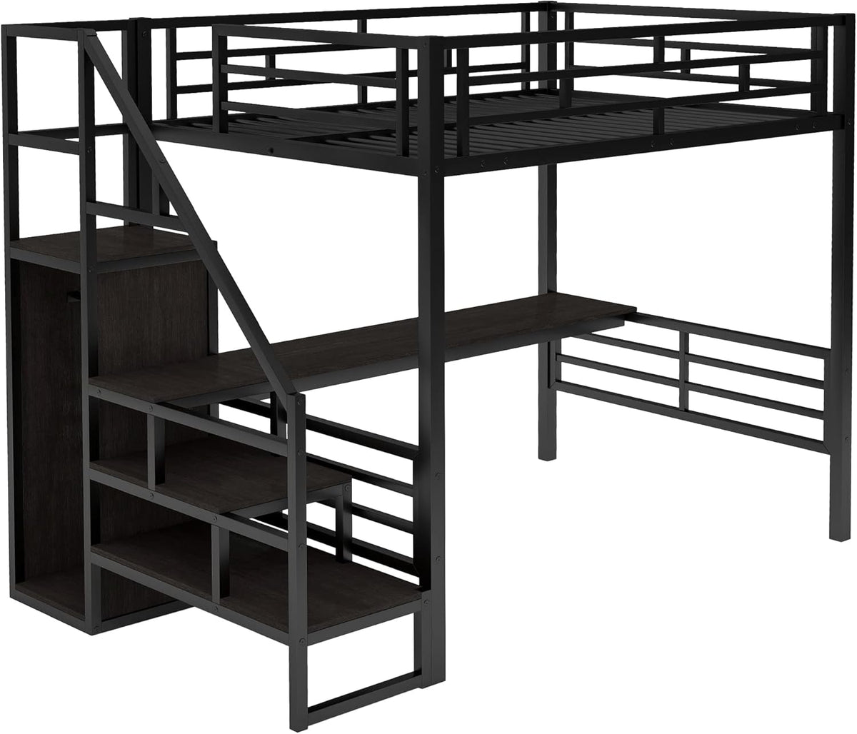 Black Full Size Metal Loft Bed with Desk and Wardrobe P483582