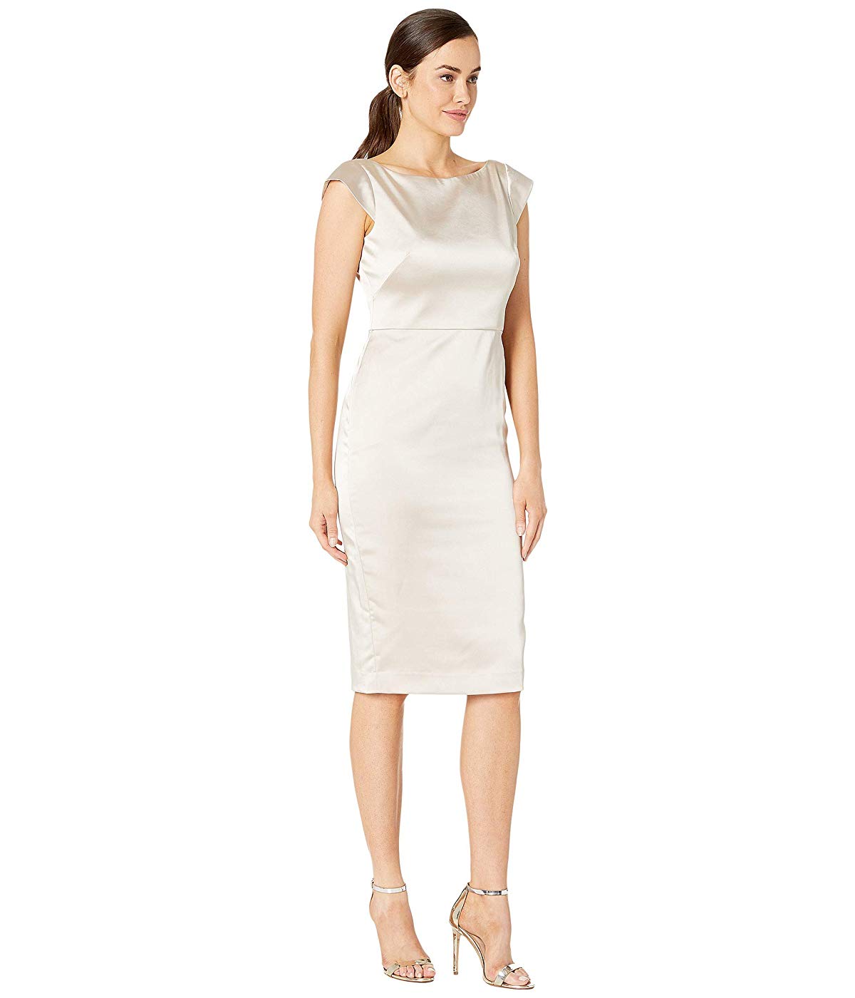 Champagne Stretch Satin Sheath Dress with Bow Back Detail C523