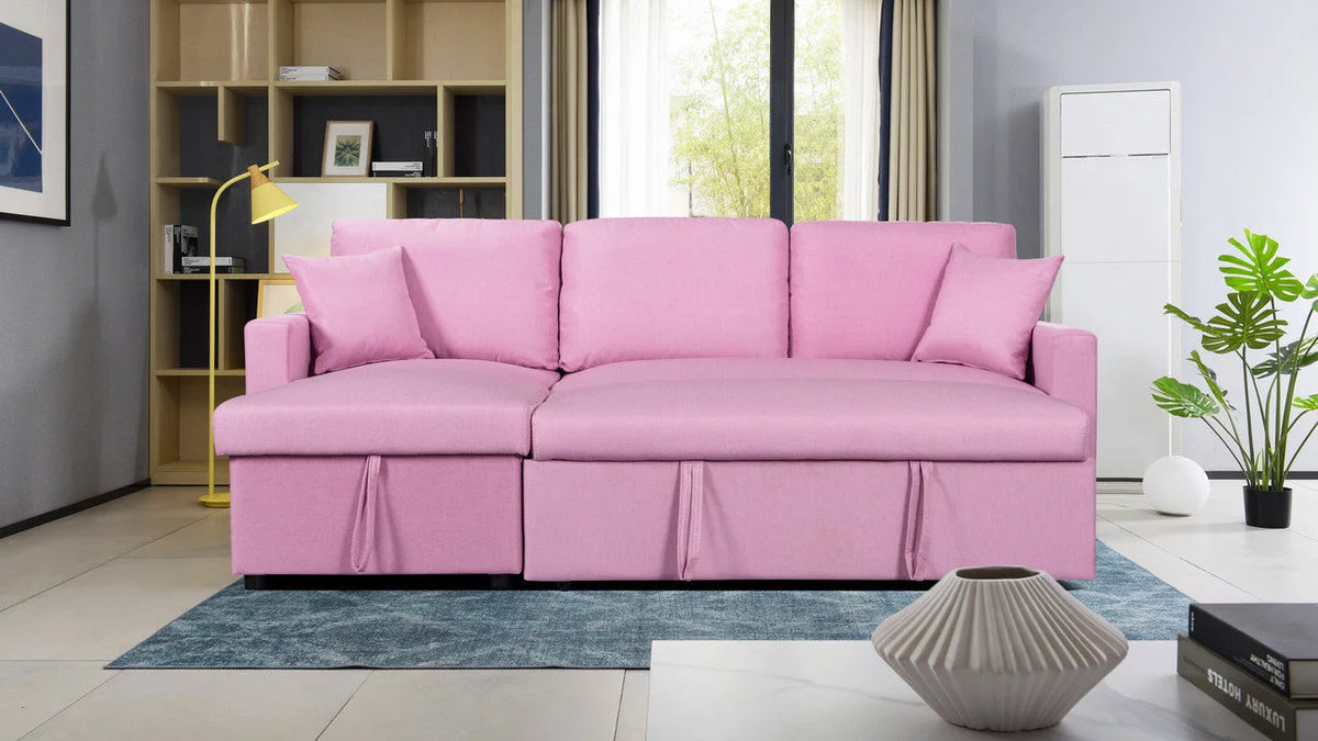 Pink Linen Reversible Sleeper Sectional Sofa with Storage L387