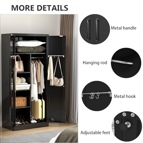 White Metal Armoire Wardrobe Closet with 2 Doors & 2 Drawers and Hanging Rod V323865