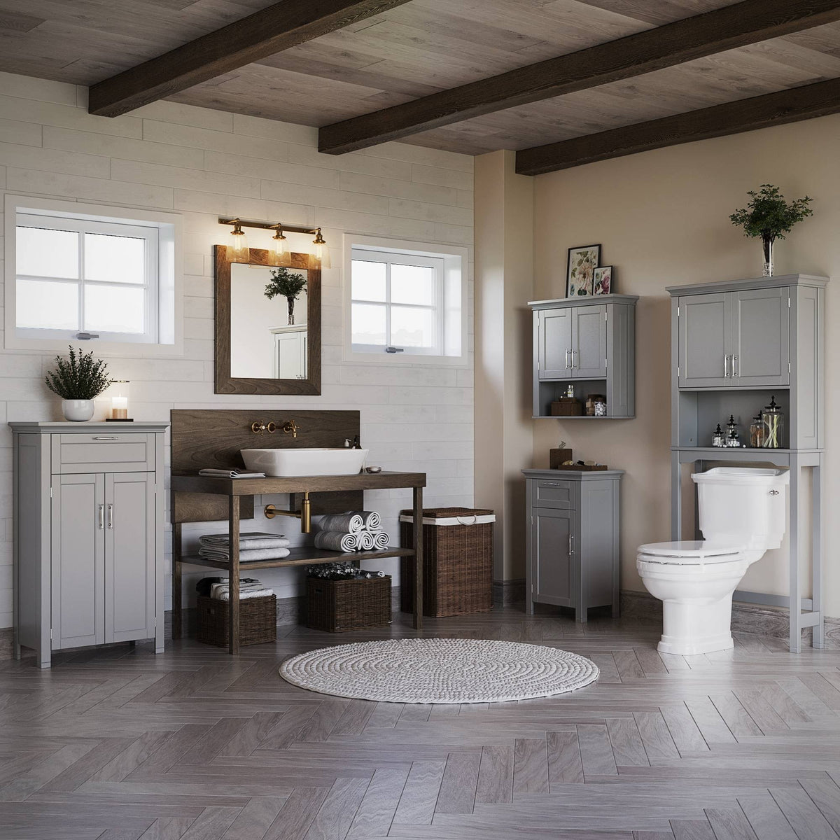Gray Two Door Wall Cabinet with Open Shelf D473