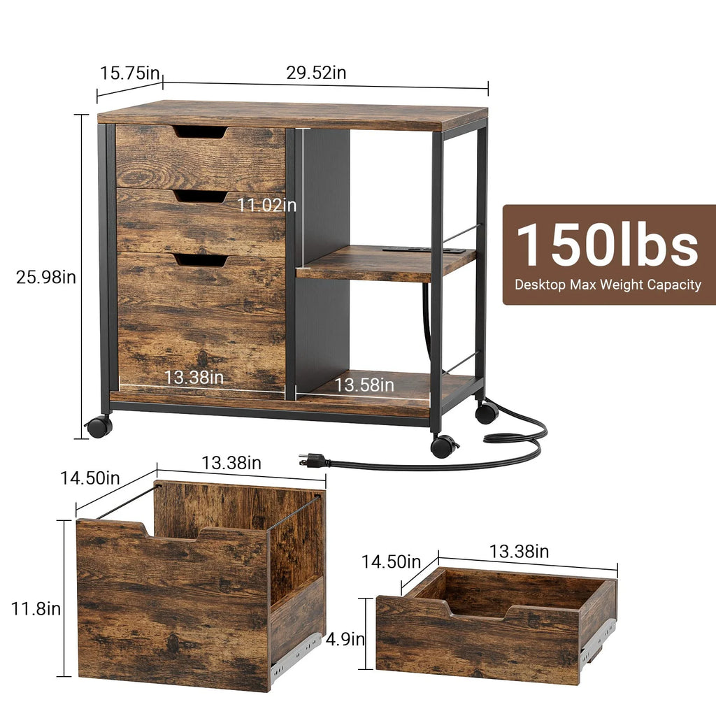 Rolling Wooden File Cabinet with 3 Drawers X945