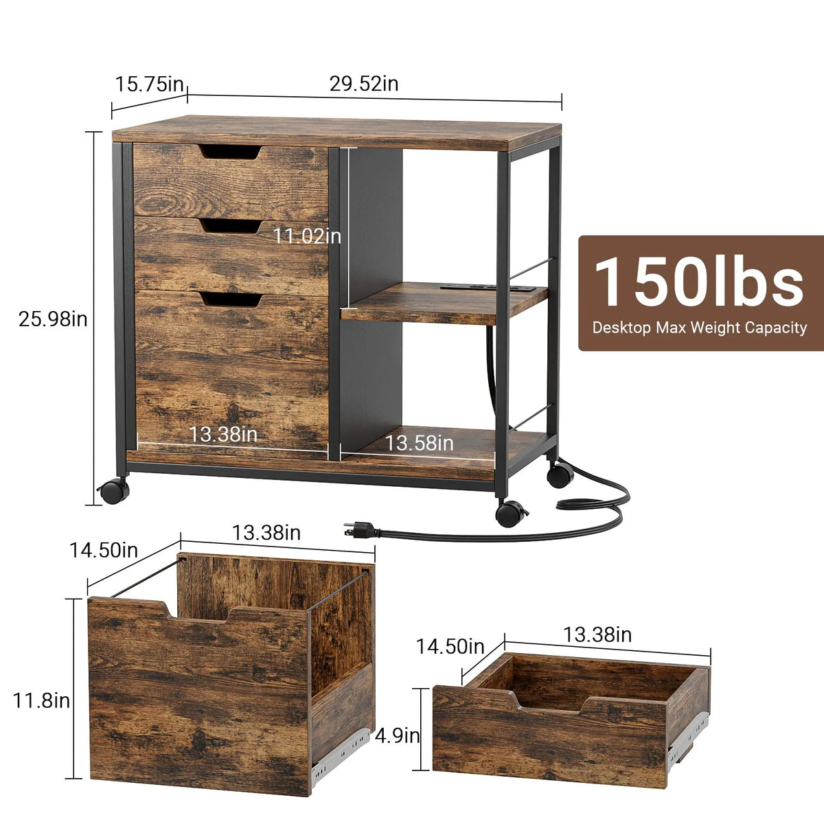 Rolling Wooden File Cabinet with 3 Drawers X945