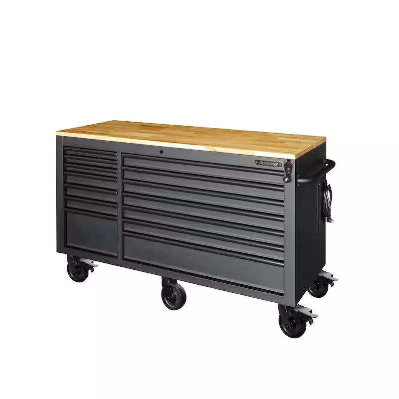 Heavy Duty Matte Black Mobile Workbench Cabinet with Wood Top B555979