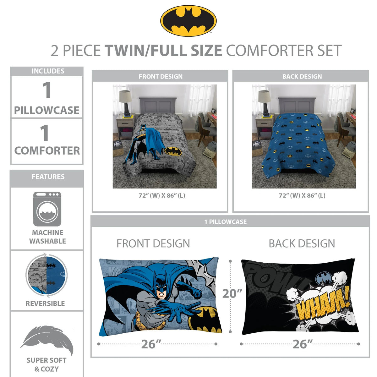 Kids Comforter and Pillowcase 2-Piece Set Twin/Full Reversible V8893