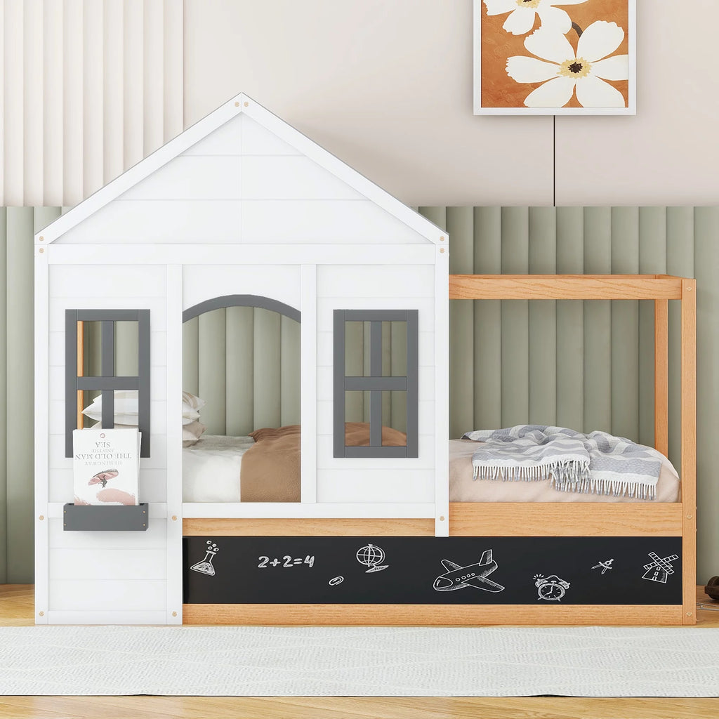 Twin Size House Shaped Canopy Bed with Black Roof and White Window M52563