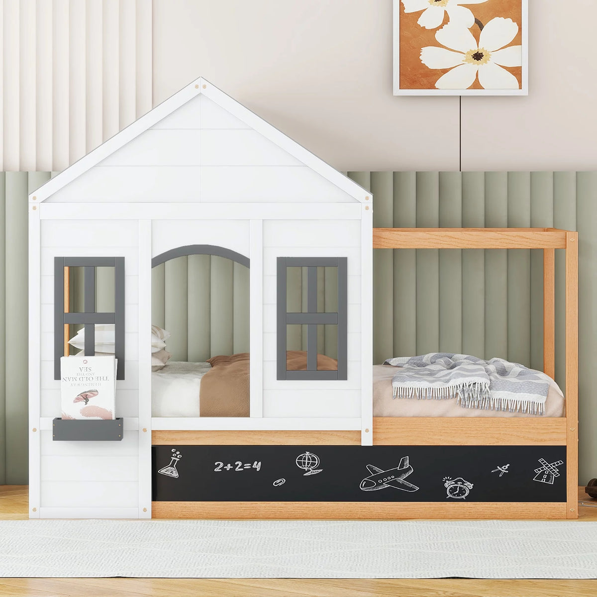 Twin Size House Shaped Canopy Bed with Black Roof and White Window M52563