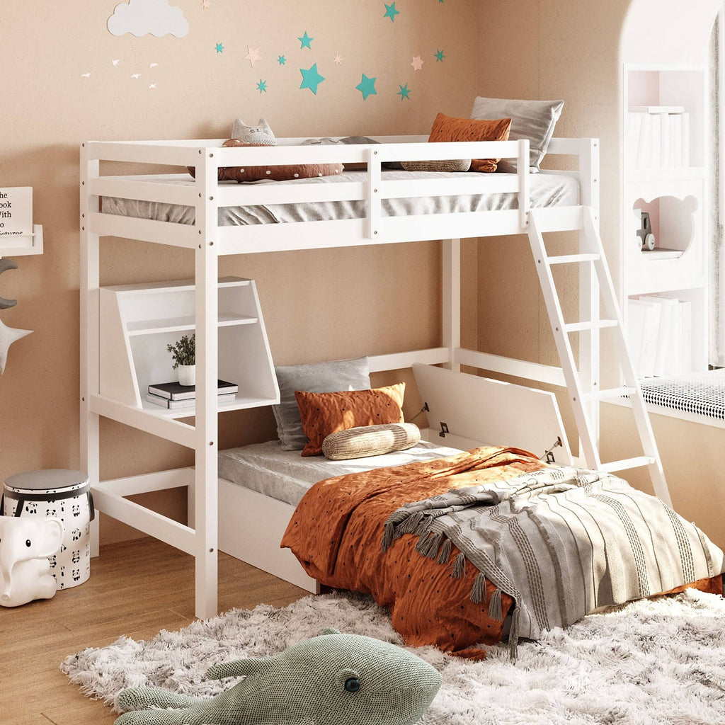 White Twin Loft Bed with Storage Drawer & Shelf J805