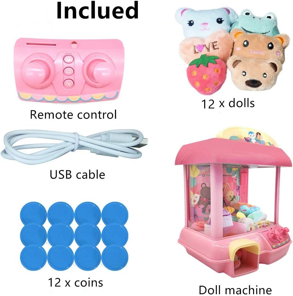 Claw Machine with 12 Dolls, Remote Control, USB Cable, Pink O2746