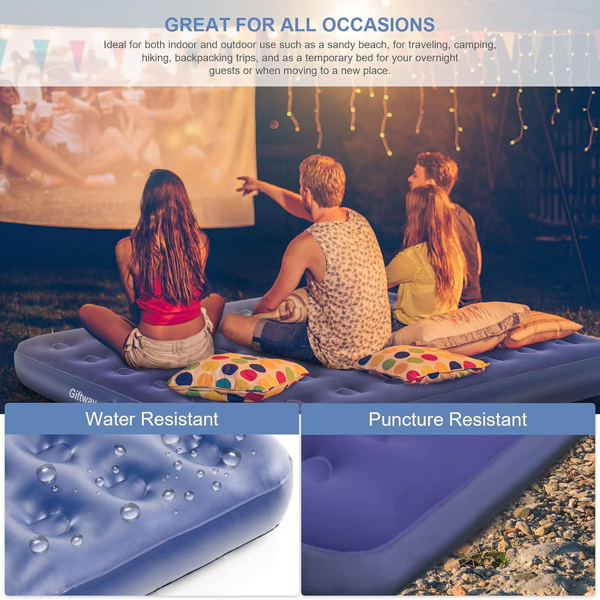 Queen Camping Air Mattress Inflatable Air Bed with Flocked Top Foldable E552