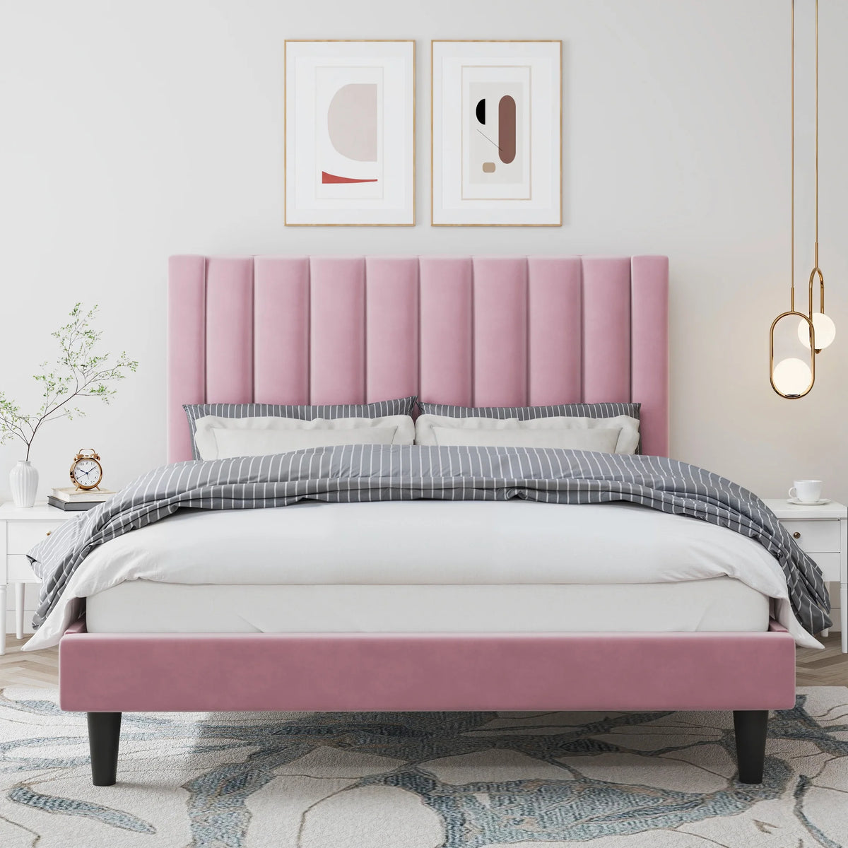 Queen Size Velvet Upholstered Platform Bed Frame R18065