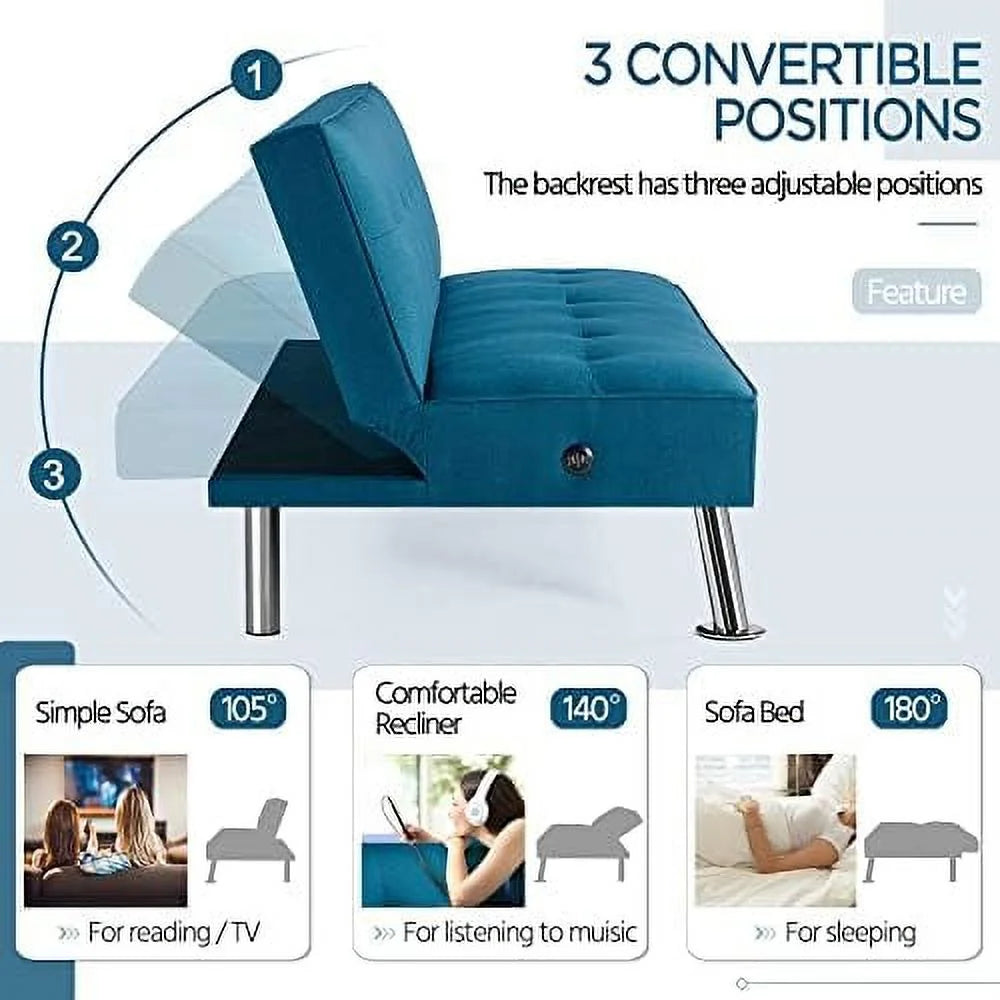 Convertible Futon Sofa Bed with 2 USB Charging Ports Fabric Loveseat Couch Metal Legs S74191