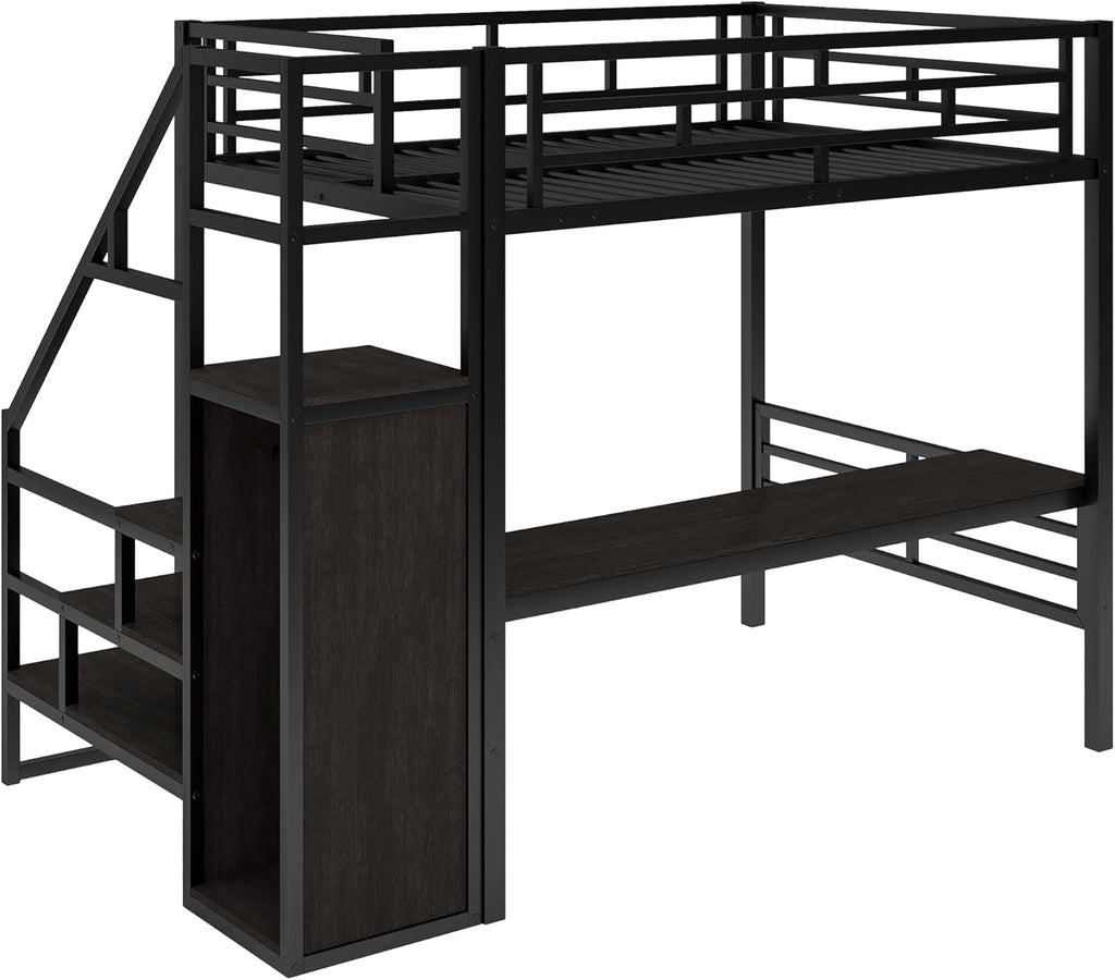 Black Full Size Metal Loft Bed with Desk and Wardrobe P483582