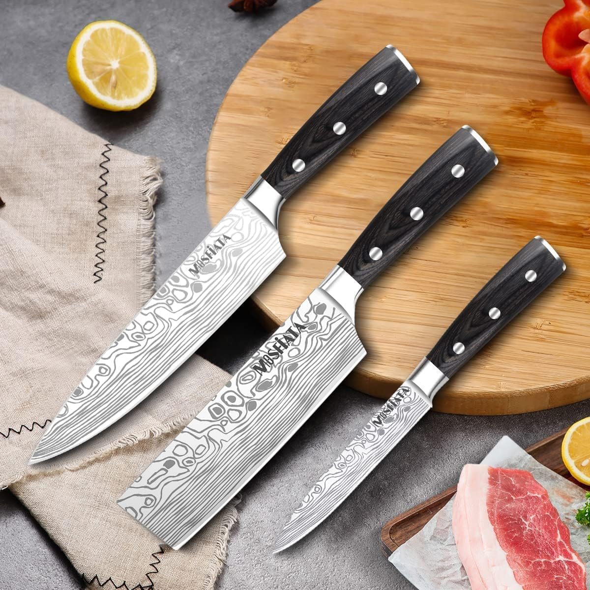 3 PCS German High Carbon Stainless Steel Chef Knife Set with Magnetic Knife Block I2328