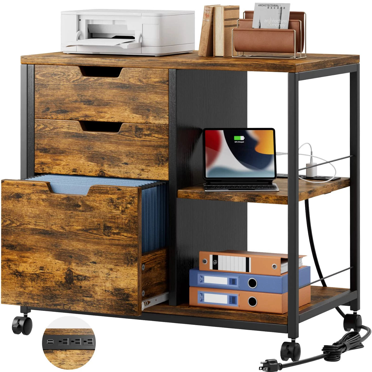 Rolling Wooden File Cabinet with 3 Drawers X945