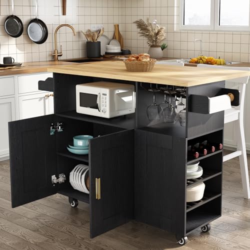 White Rolling Mobile Kitchen Island Cart with Drop Leaf Countertop and 5 Wheels M7134
