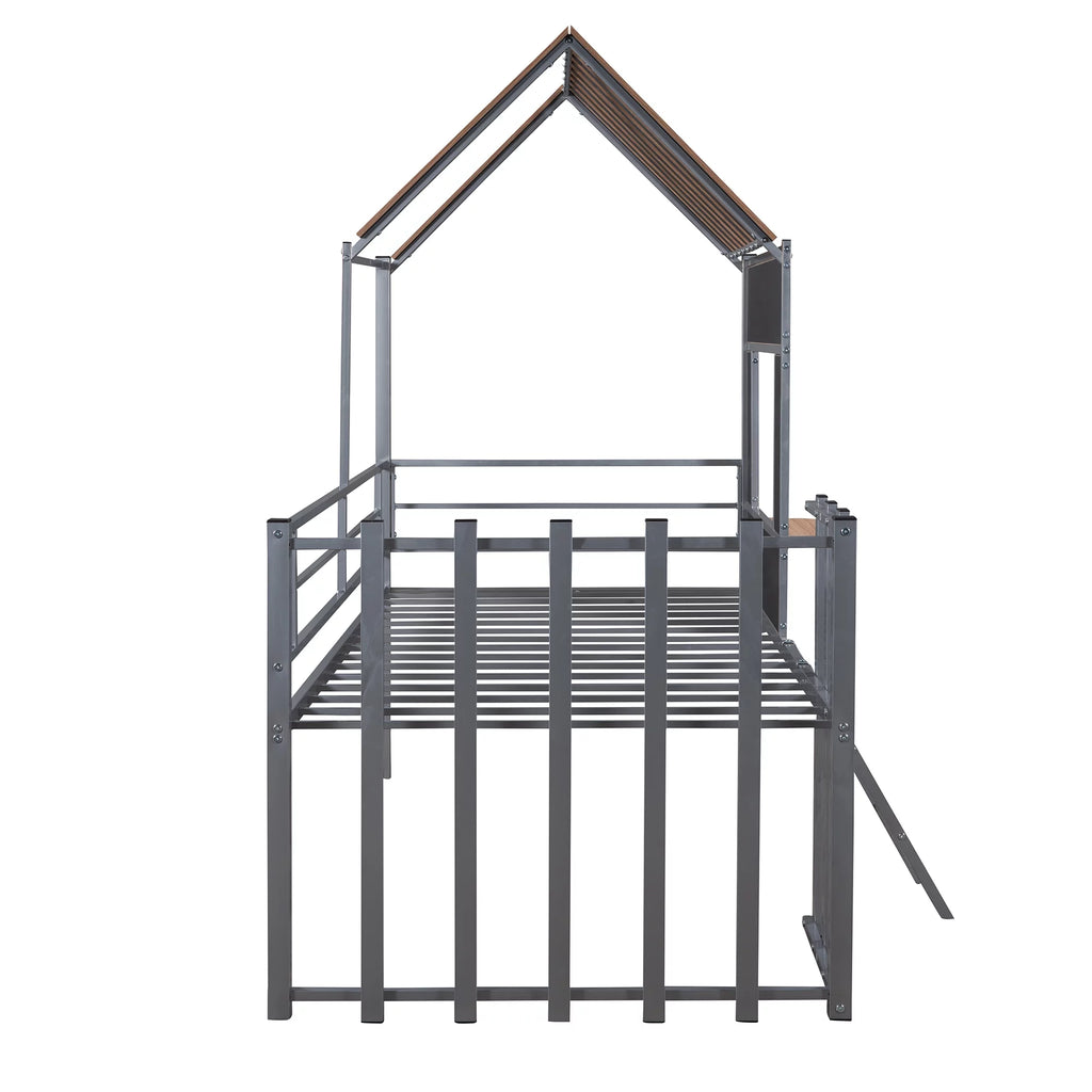 Twin Size Metal Loft Bed with Roof and Window V934