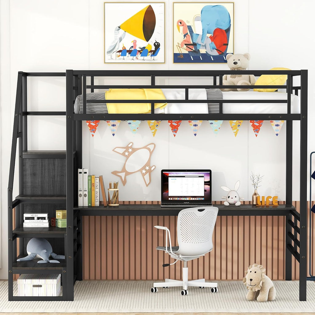 Black Full Size Metal Loft Bed with Desk and Wardrobe P483582