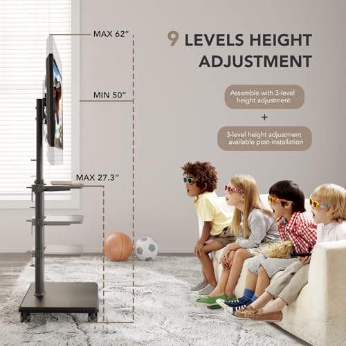 Portable Rolling Floor TV Stand with Wheels, Height Adjustable for 27 to 65 Inch TVs P58904