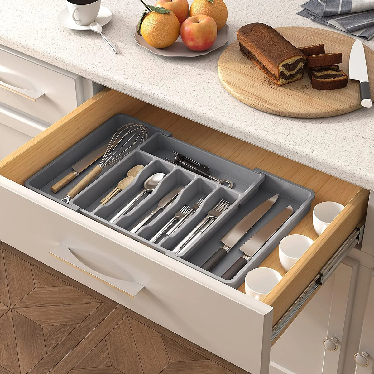 Grey Expandable Plastic Silverware Drawer Organizer G51751