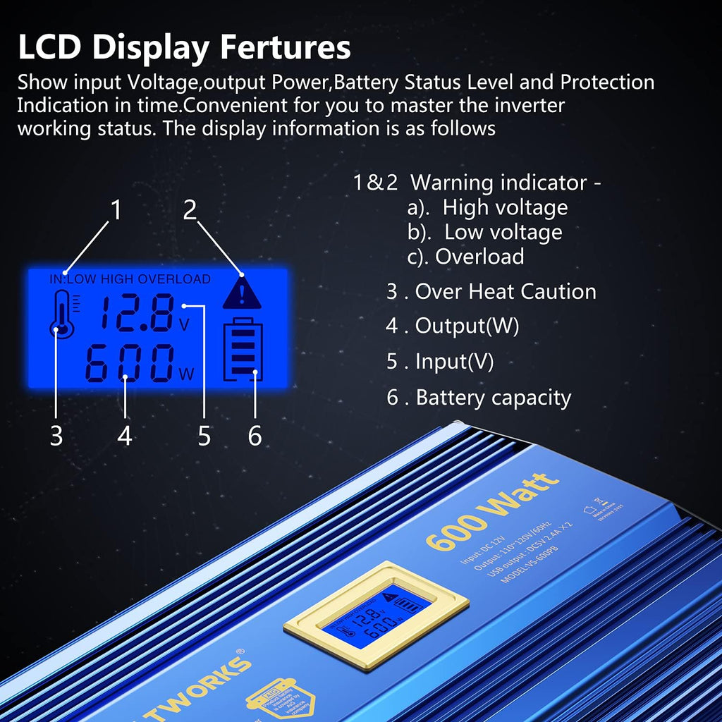 600 Watts Pure Sine Wave Power Inverter DC 12V to AC 110V 120V with USB Port & LCD Display K1861